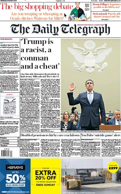 The Daily Telegraph Newspaper Front Page (UK) for 28 February 2019
