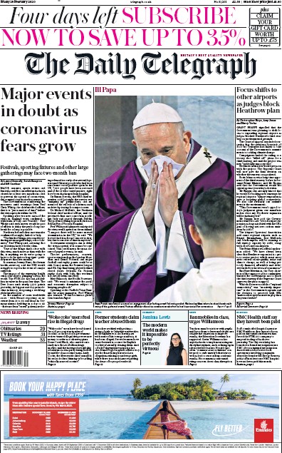 The Daily Telegraph Newspaper Front Page (UK) for 28 February 2020