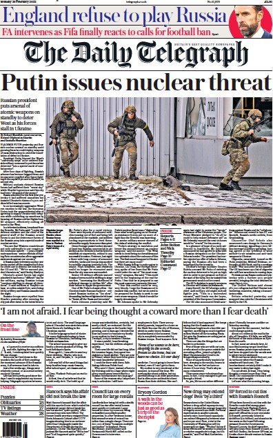 The Daily Telegraph Newspaper Front Page (UK) for 28 February 2022