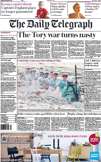 The Daily Telegraph Newspaper Front Page (UK) for 28 March 2016
