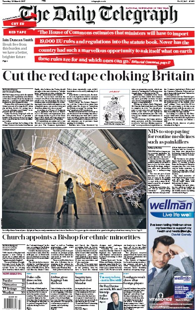 The Daily Telegraph Newspaper Front Page (UK) for 28 March 2017