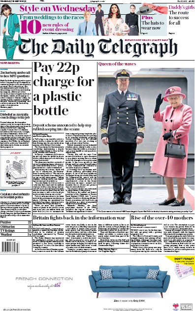 The Daily Telegraph Newspaper Front Page (UK) for 28 March 2018