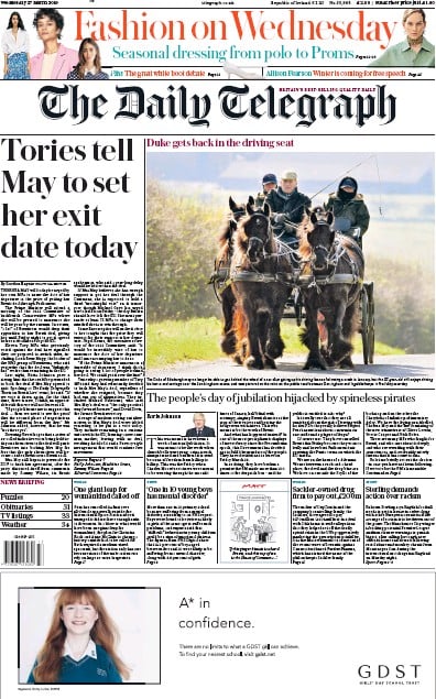 The Daily Telegraph Newspaper Front Page (UK) for 28 March 2019