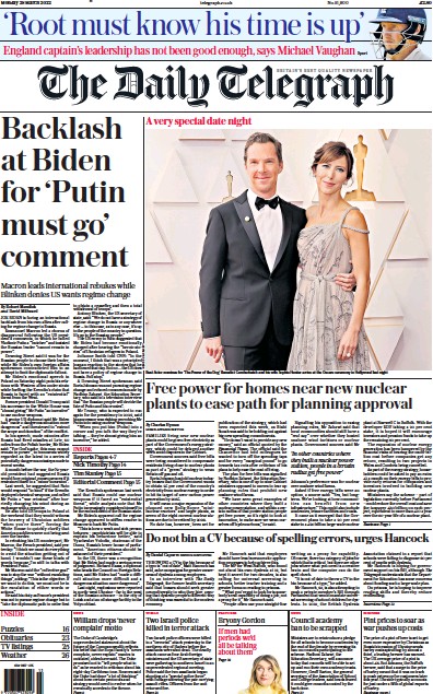 The Daily Telegraph Newspaper Front Page (UK) for 28 March 2022