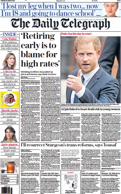 The Daily Telegraph Newspaper Front Page (UK) for 28 March 2023