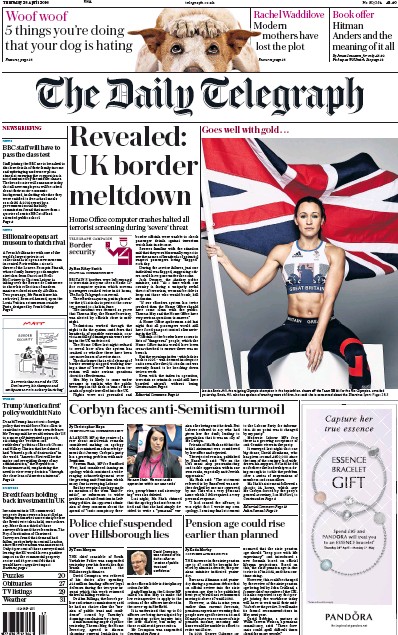 The Daily Telegraph Newspaper Front Page (UK) for 28 April 2016