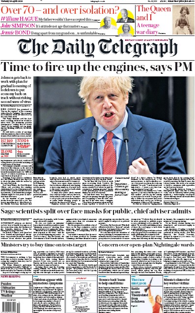 The Daily Telegraph Newspaper Front Page (UK) for 28 April 2020