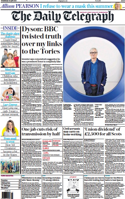 The Daily Telegraph Newspaper Front Page (UK) for 28 April 2021