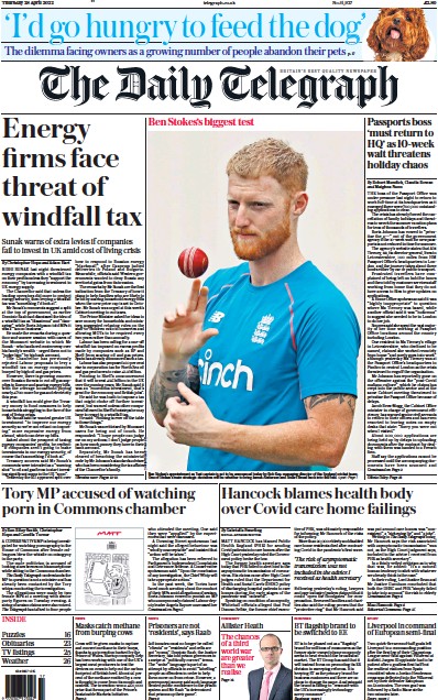 The Daily Telegraph Newspaper Front Page (UK) for 28 April 2022
