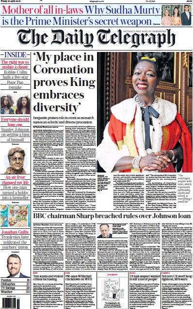The Daily Telegraph Newspaper Front Page (UK) for 28 April 2023