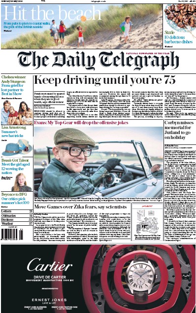 The Daily Telegraph Newspaper Front Page (UK) for 28 May 2016