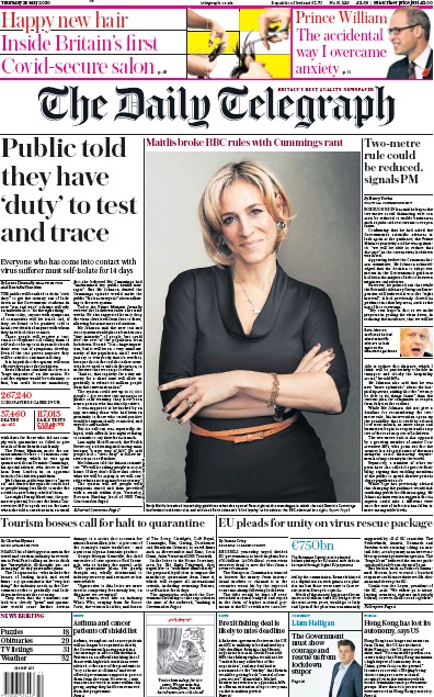 The Daily Telegraph Newspaper Front Page (UK) for 28 May 2020