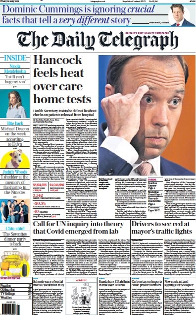 The Daily Telegraph Newspaper Front Page (UK) for 28 May 2021