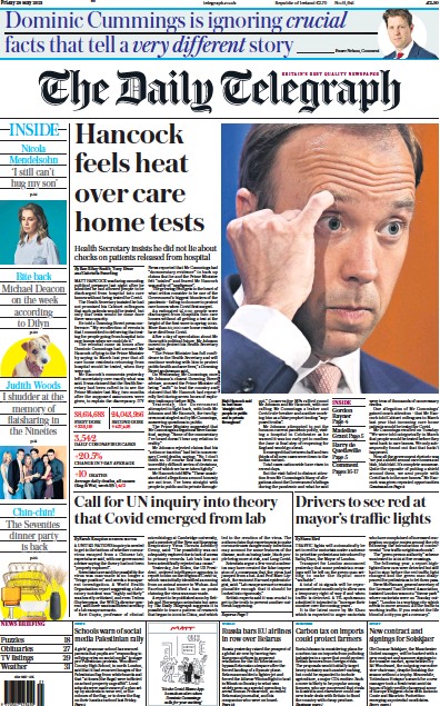 The Daily Telegraph Newspaper Front Page (UK) for 28 May 2021