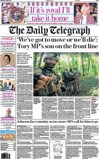 The Daily Telegraph Newspaper Front Page (UK) for 28 May 2022
