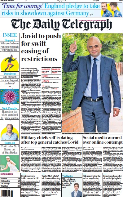 The Daily Telegraph Newspaper Front Page (UK) for 28 June 2021