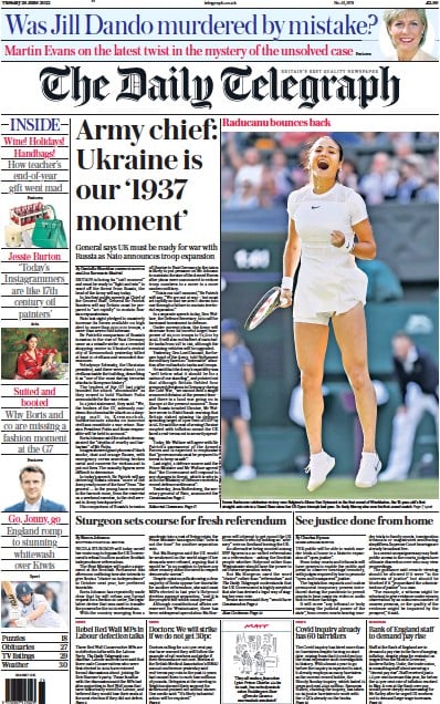 The Daily Telegraph Newspaper Front Page (UK) for 28 June 2022