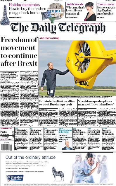 The Daily Telegraph Newspaper Front Page (UK) for 28 July 2017