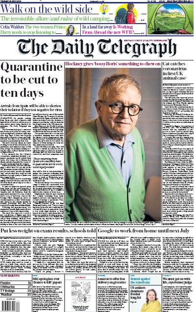 The Daily Telegraph Newspaper Front Page (UK) for 28 July 2020