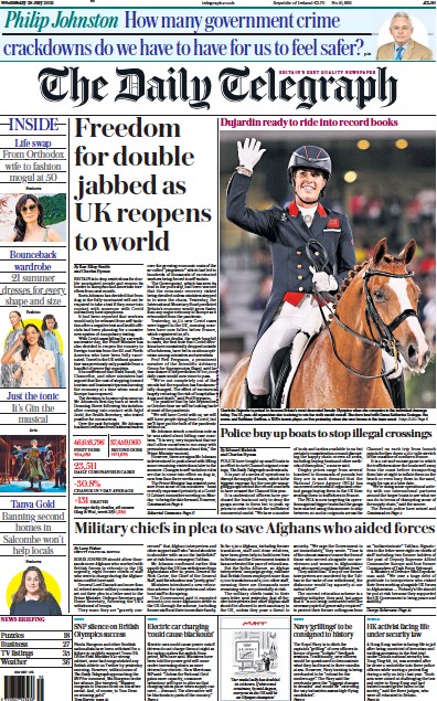 The Daily Telegraph Newspaper Front Page (UK) for 28 July 2021