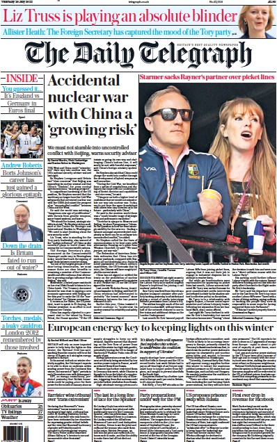 The Daily Telegraph Newspaper Front Page (UK) for 28 July 2022