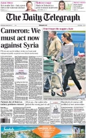 The Daily Telegraph Newspaper Front Page (UK) for 28 August 2013