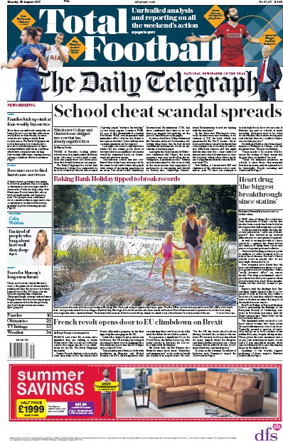 The Daily Telegraph Newspaper Front Page (UK) for 28 August 2017