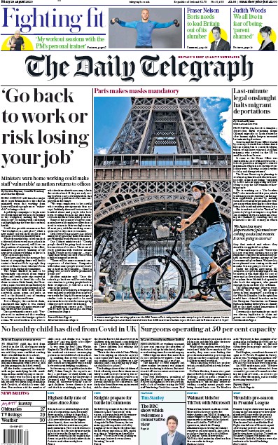 The Daily Telegraph Newspaper Front Page (UK) for 28 August 2020