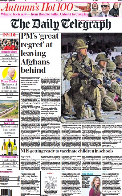The Daily Telegraph Newspaper Front Page (UK) for 28 August 2021