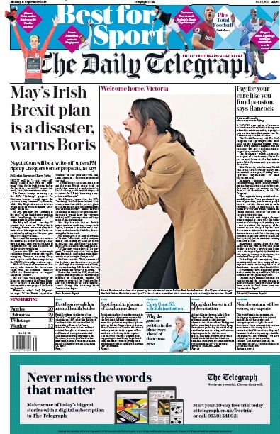 The Daily Telegraph Newspaper Front Page (UK) for 28 September 2018