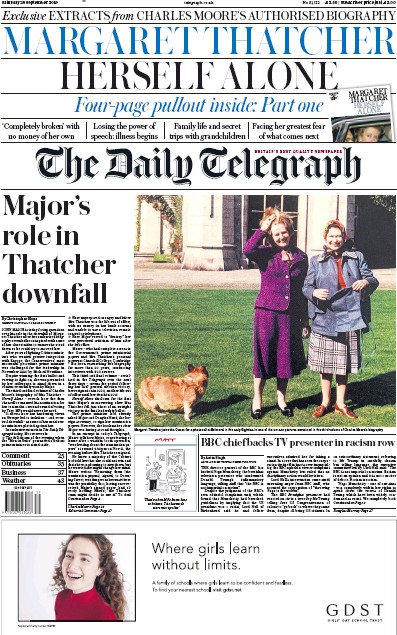 The Daily Telegraph Newspaper Front Page (UK) for 28 September 2019