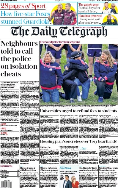 The Daily Telegraph Newspaper Front Page (UK) for 28 September 2020