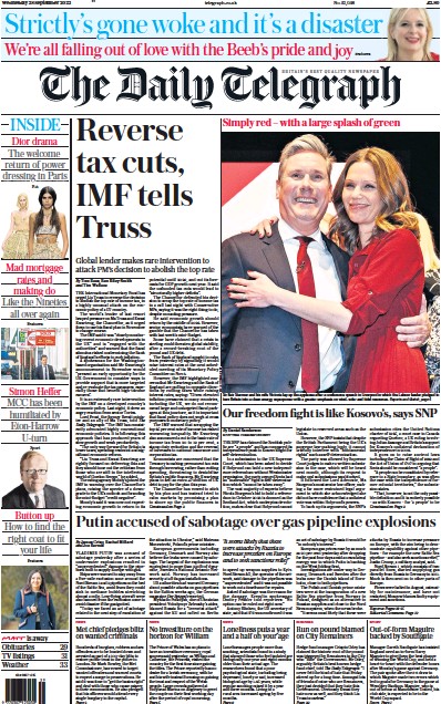 The Daily Telegraph Newspaper Front Page (UK) for 28 September 2022