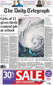 The Daily Telegraph (UK) Newspaper Front Page for 29 October 2012
