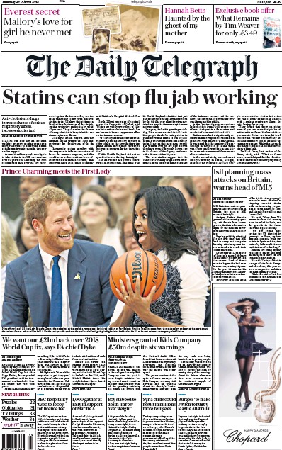 The Daily Telegraph Newspaper Front Page (UK) for 29 October 2015