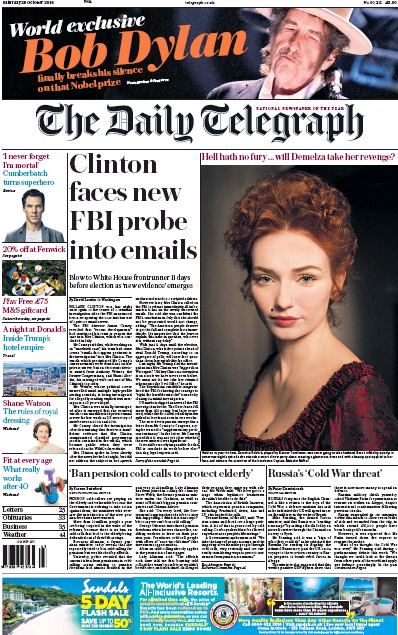 The Daily Telegraph Newspaper Front Page (UK) for 29 October 2016