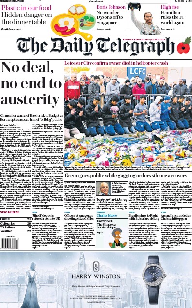 The Daily Telegraph Newspaper Front Page (UK) for 29 October 2018