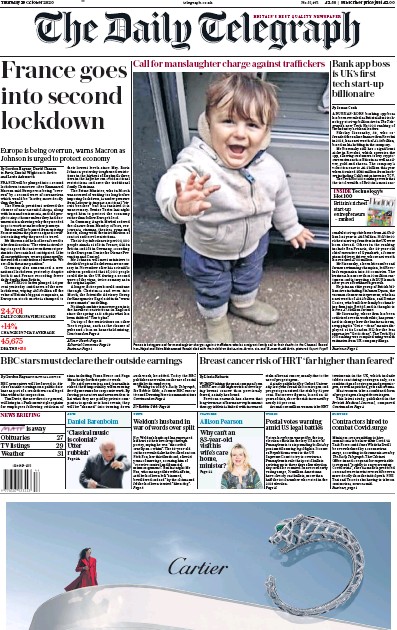 The Daily Telegraph Newspaper Front Page (UK) for 29 October 2020
