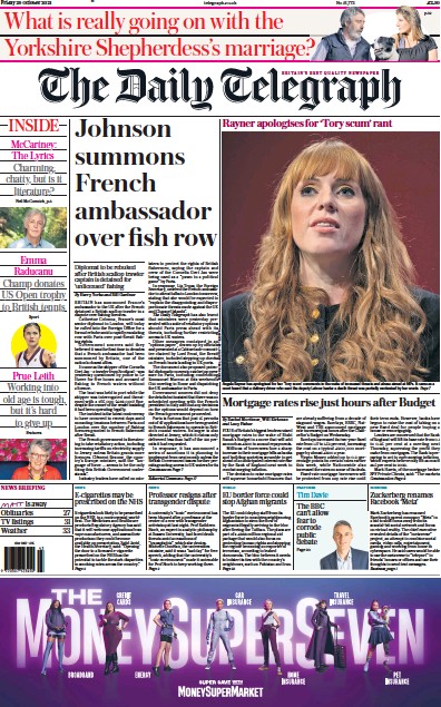 The Daily Telegraph Newspaper Front Page (UK) for 29 October 2021