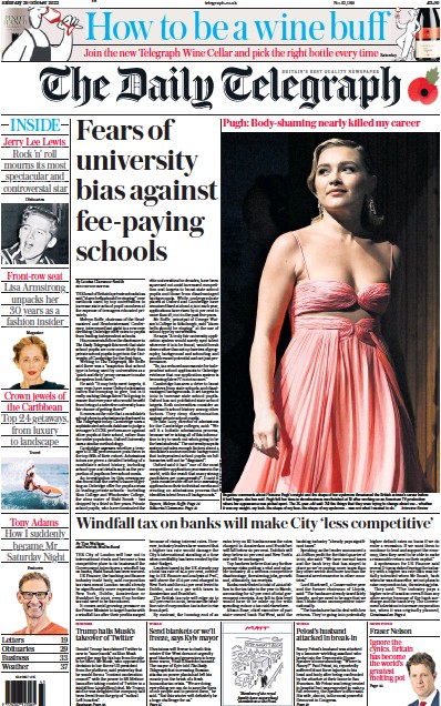 The Daily Telegraph Newspaper Front Page (UK) for 29 October 2022