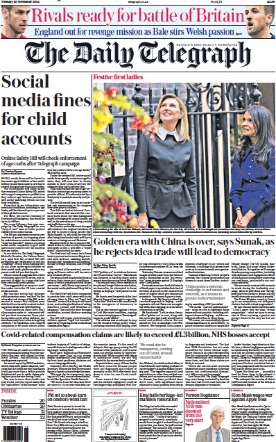 The Daily Telegraph Newspaper Front Page (UK) for 29 November 2022