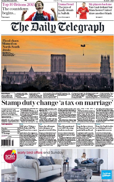 The Daily Telegraph Newspaper Front Page (UK) for 29 December 2015