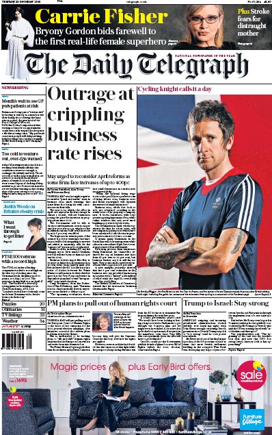 The Daily Telegraph Newspaper Front Page (UK) for 29 December 2016