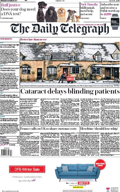 The Daily Telegraph Newspaper Front Page (UK) for 29 December 2017