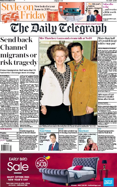 The Daily Telegraph Newspaper Front Page (UK) for 29 December 2018