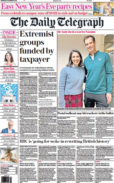 The Daily Telegraph Newspaper Front Page (UK) for 29 December 2022