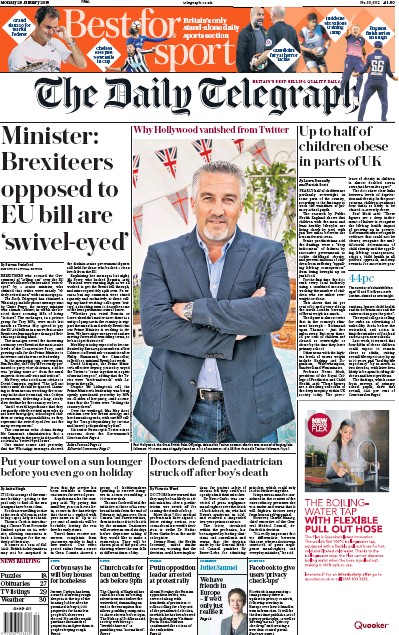 The Daily Telegraph Newspaper Front Page (UK) for 29 January 2018