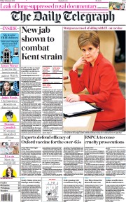 The Daily Telegraph (UK) Newspaper Front Page for 29 January 2021