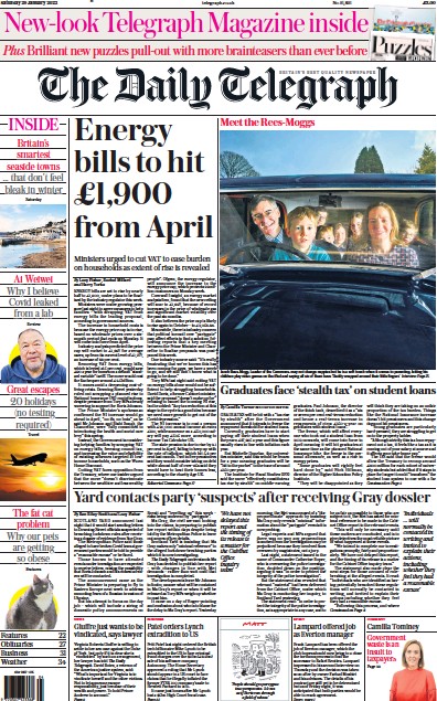 The Daily Telegraph Newspaper Front Page (UK) for 29 January 2022