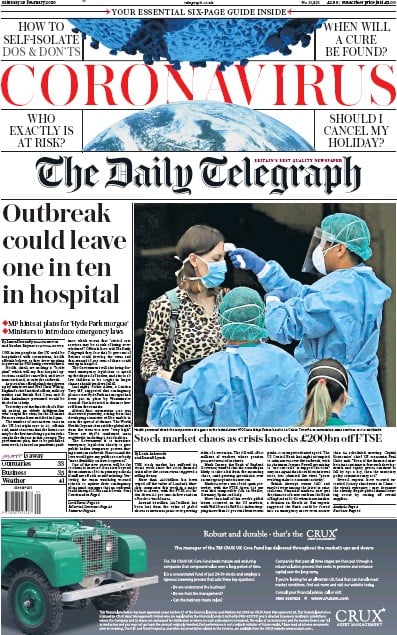 The Daily Telegraph Newspaper Front Page (UK) for 29 February 2020